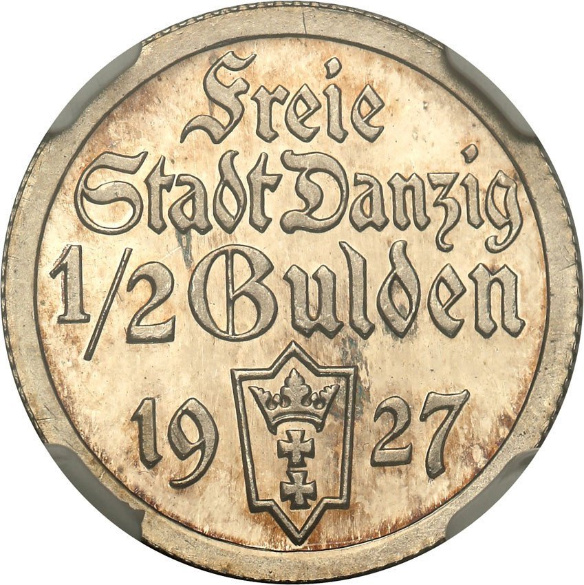 Wolne Miasto Gdańsk/Danzig. 1/2 Guldena 1927 stempel lustrzany NGC  PF65 CAMEO (2 MAX)